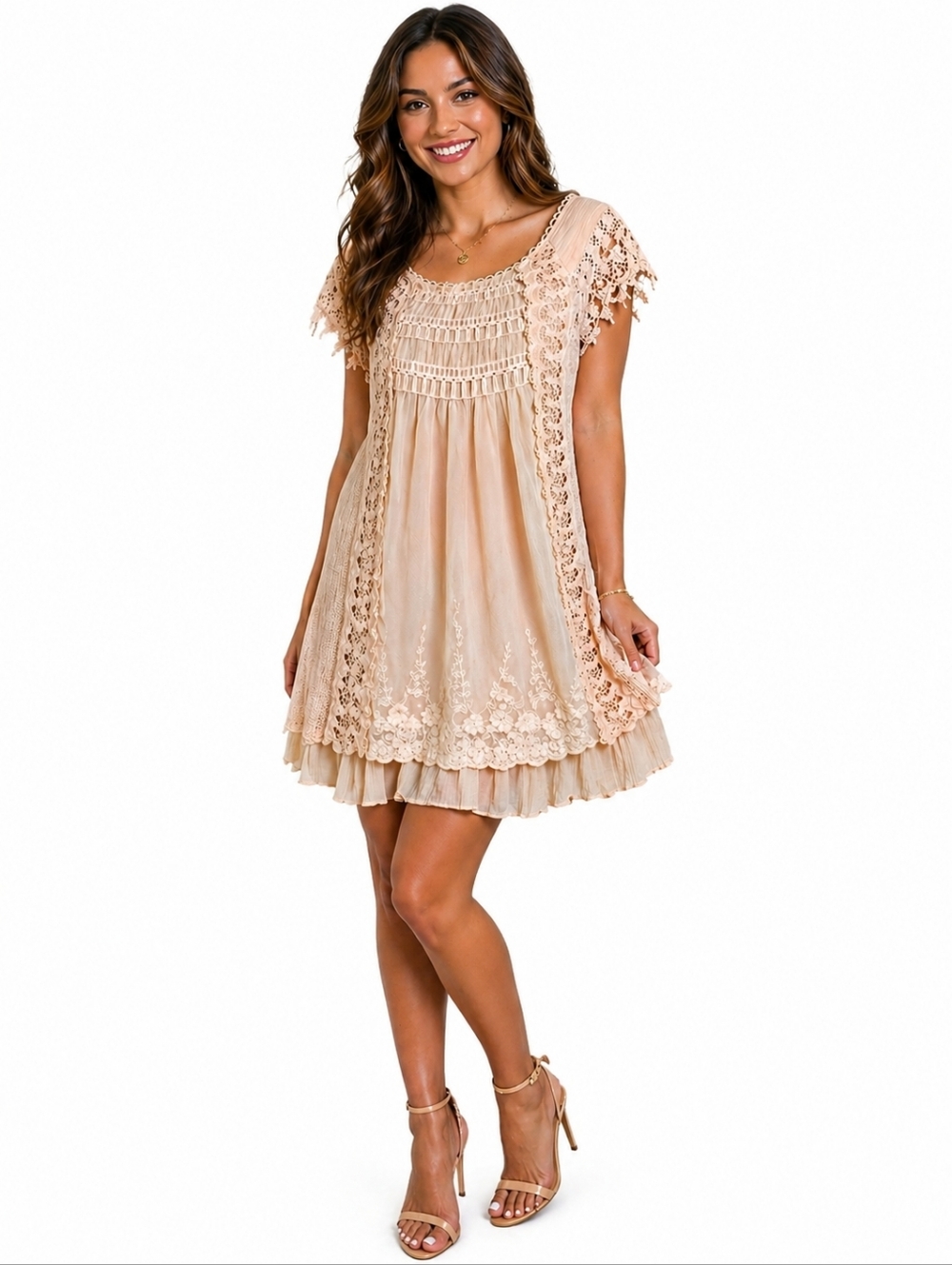 RYU Boho Feminine Babydoll Lace Romantic Dress Midi Antique Peach SZ: Large